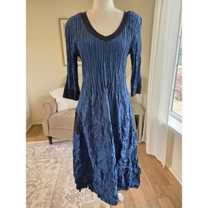 Alquema 3/4 Sleeve Smash Pocket Dress Blue Size 1 US Size 6-10 Black Trim V Neck
